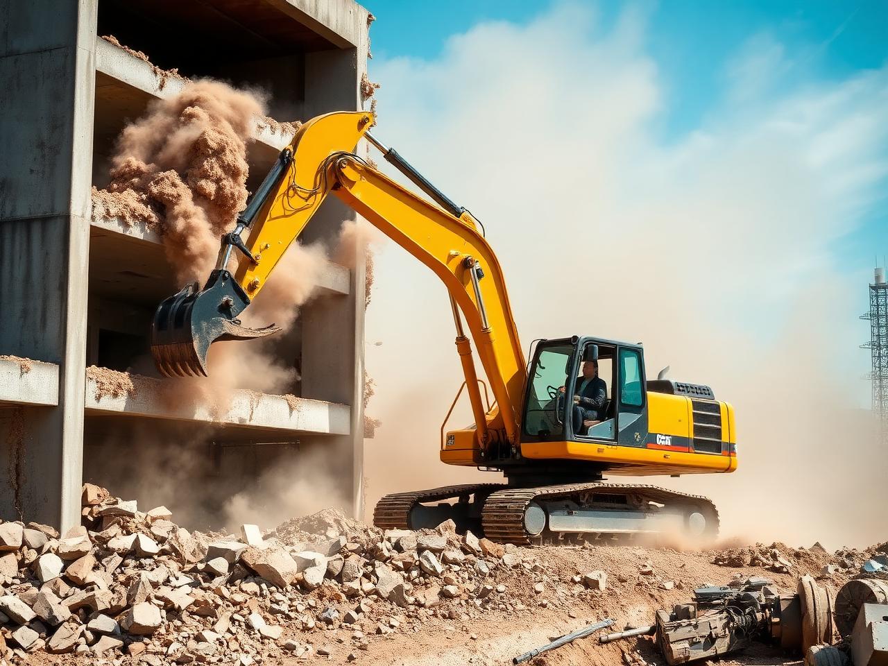 Żółta koparka z młotem hydraulicznym wyburzająca betonową konstrukcję budynku